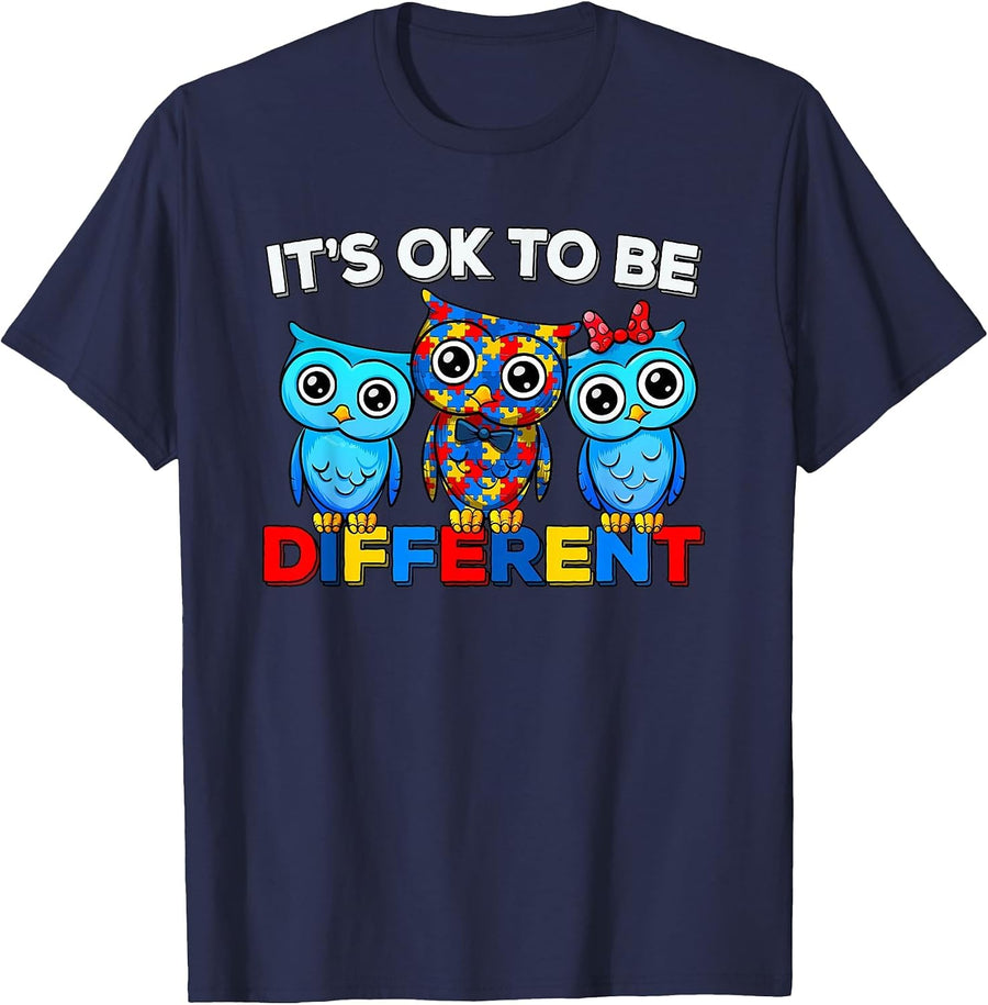 Autism Awareness Cute Owl Animal It's Ok to Be Different T-Shirt - Navy Blue