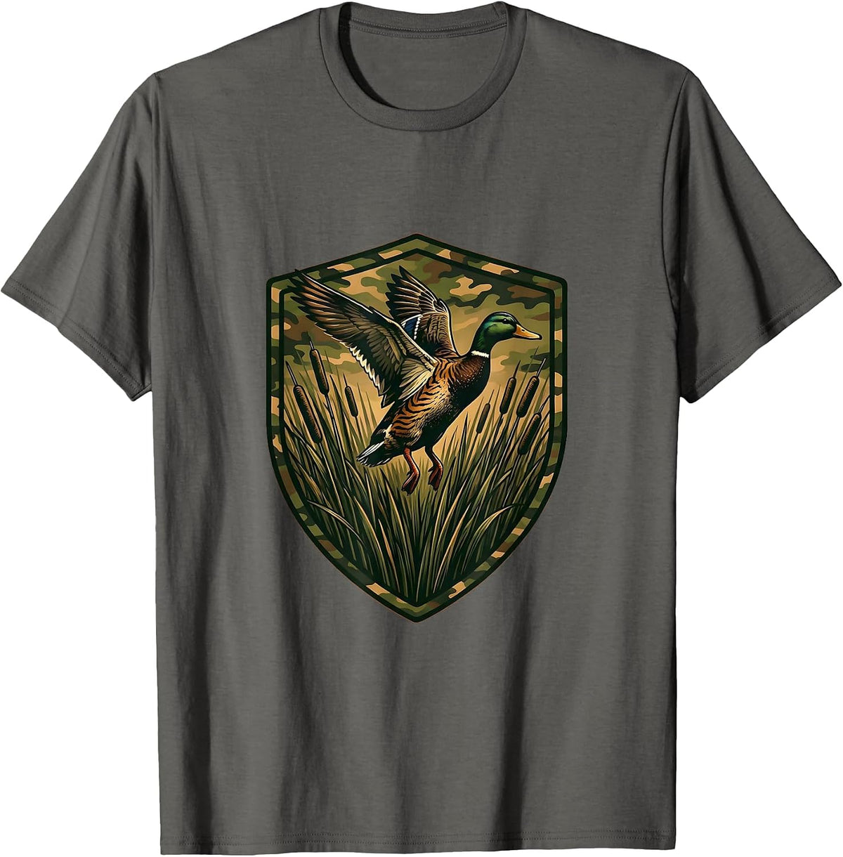 Men's Camo Duck Hunter Emerging From Reeds Illustration T-Shirt - Asphalt Grey