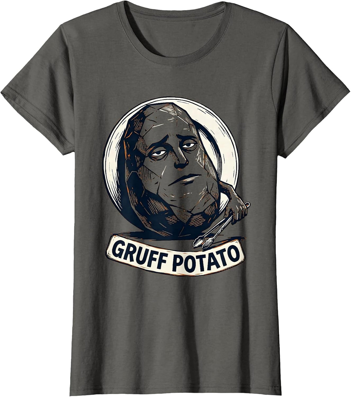 Women's Gruff Potato Funny Couples Thanksgiving Matching Linocut T-Shirt - Asphalt Grey