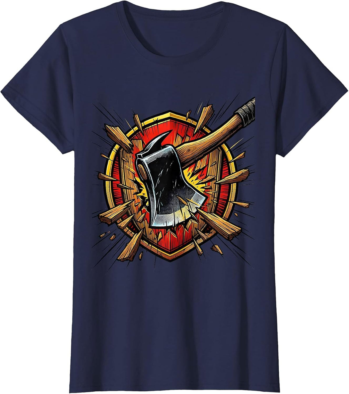Women's Firefighter Axe Splitting Door Graphic Tee T-Shirt - Navy Blue