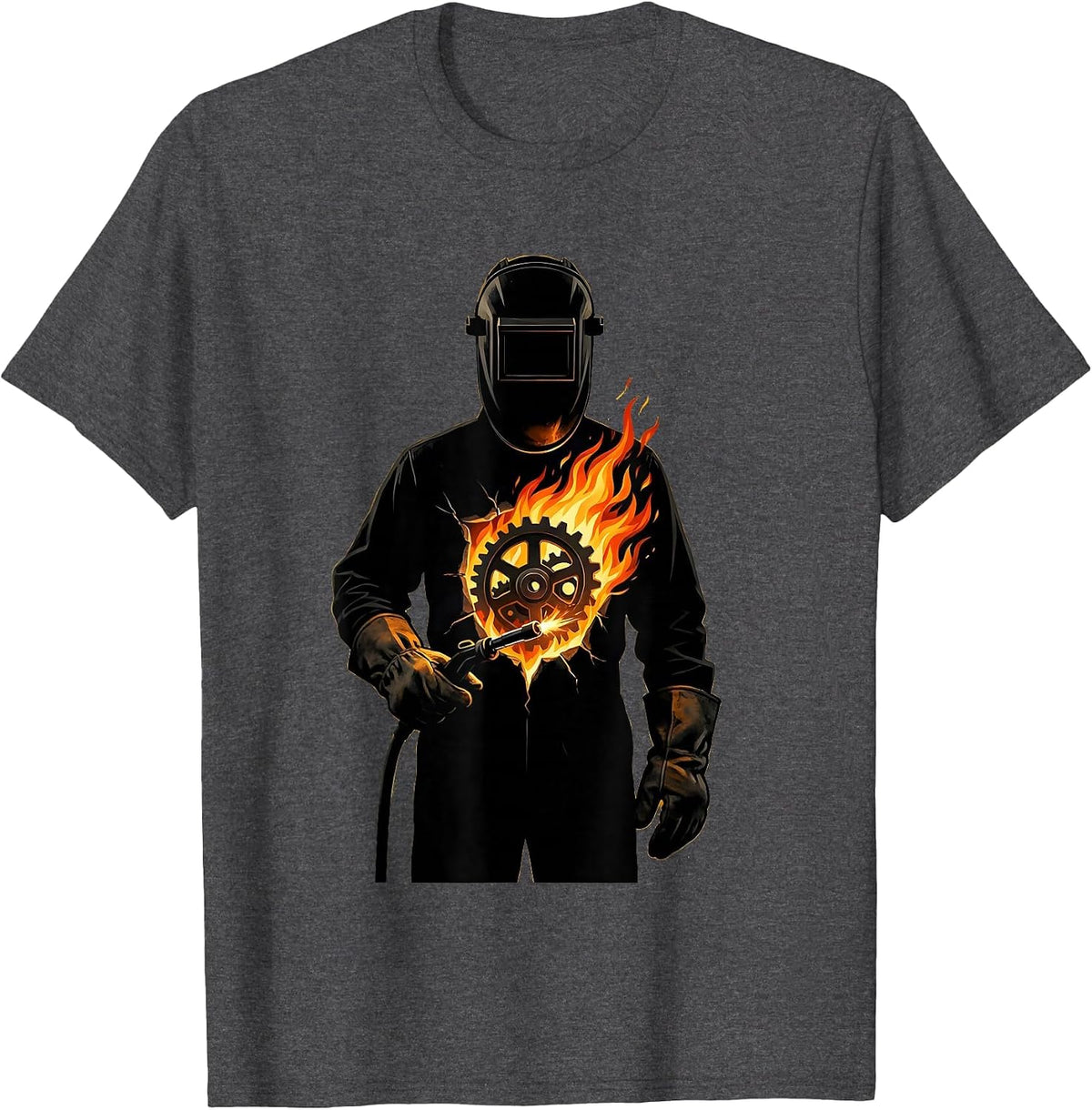 Welder Gear and Flames Open Chest Graphic T-Shirt - Dark Heather Grey