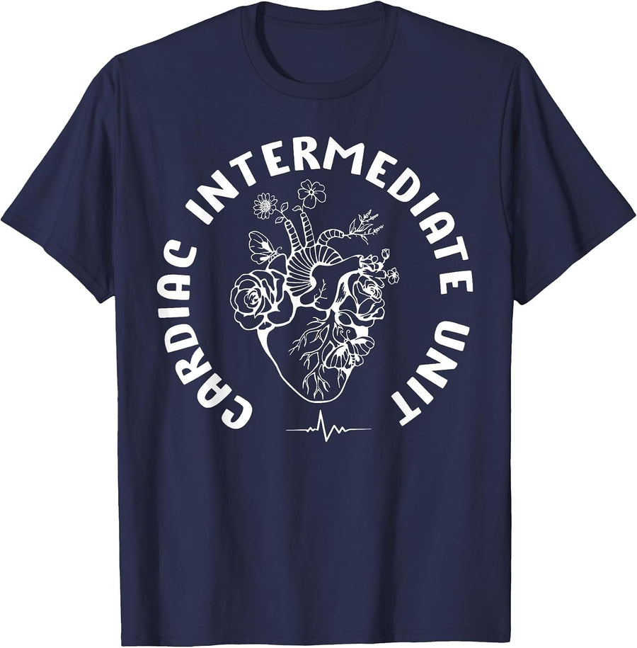 Cardiac Intermediate Unit Heart Flower Cardiac Nurse CTICU T-Shirt - Navy Blue