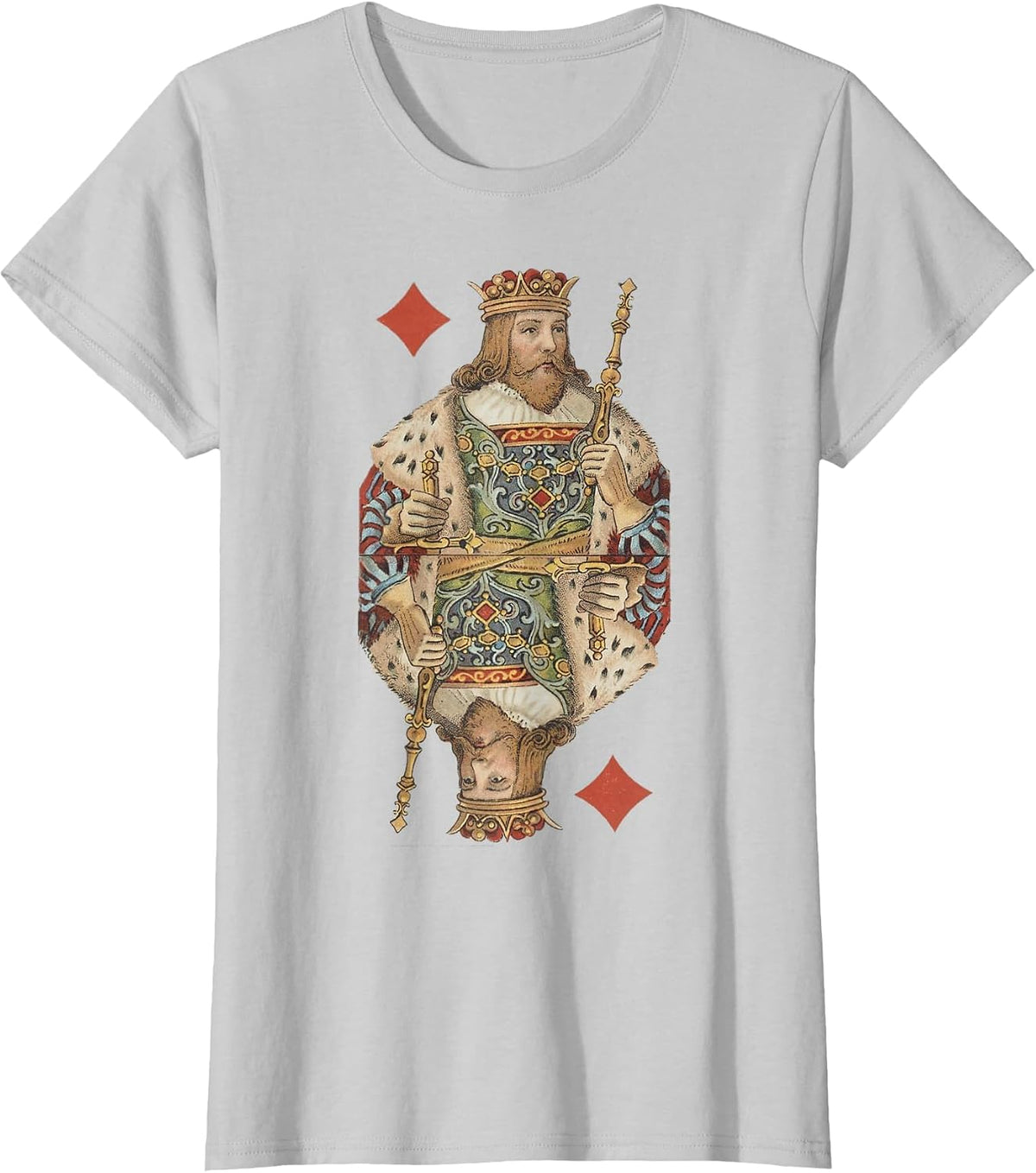 King of Diamonds Antique Art Nouveau Playing Card Art T-Shirt, Women, Silver Grey, X-Large - As Pictured