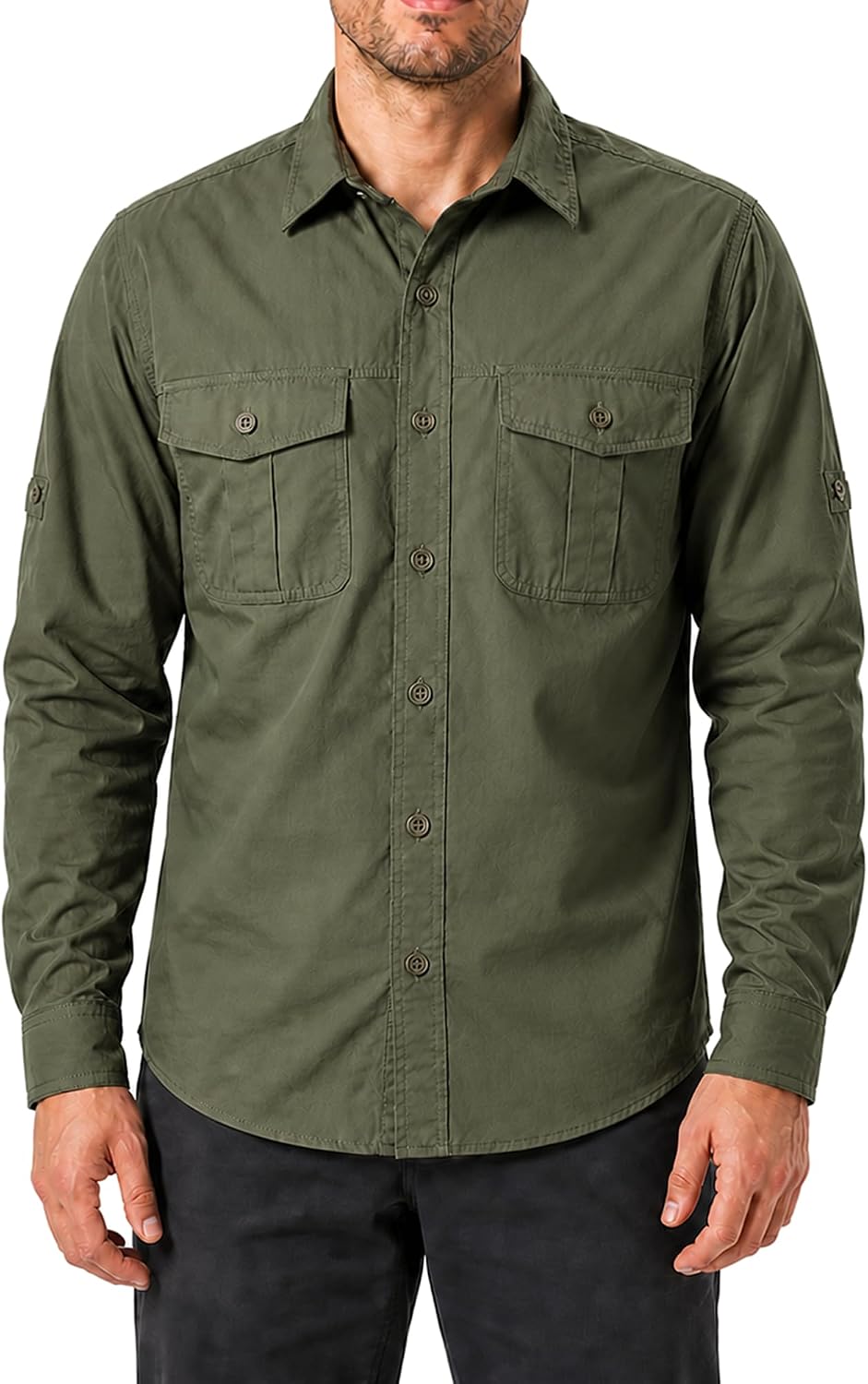 FREDD MARSHALL Men's Long Sleeve Cotton Cargo Work Shirt with Pockets - Army Green