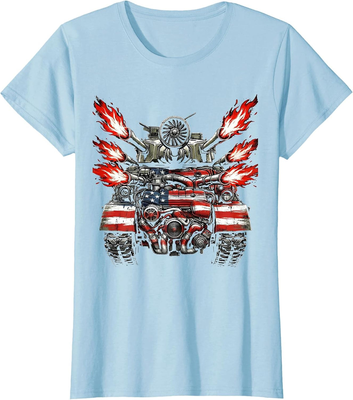 Hot Rod Engine Flames American Classic Graphic T-Shirt - Baby Blue