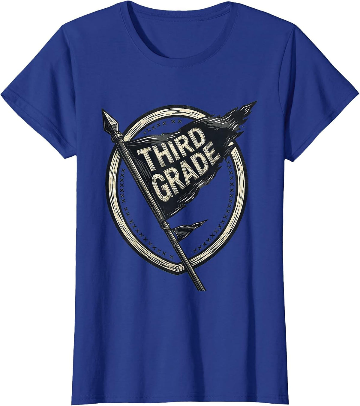 Women's Third Grade Linocut Shield Pennant Back to School Teacher T-Shirt - Royal Blue