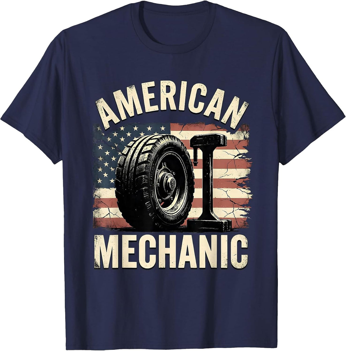 American Mechanic Distressed Patriotic Mechanic Gift T-Shirt - Navy Blue