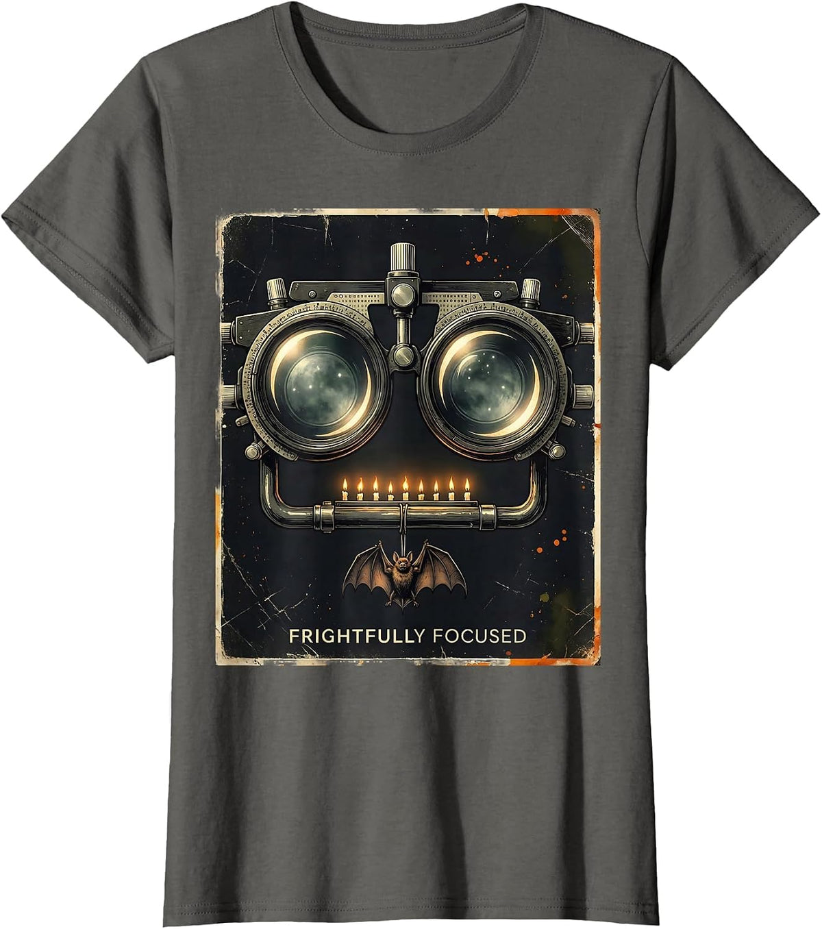 Women's Frightfully Focused Distressed Halloween Optometrist Eye T-Shirt - Asphalt Grey