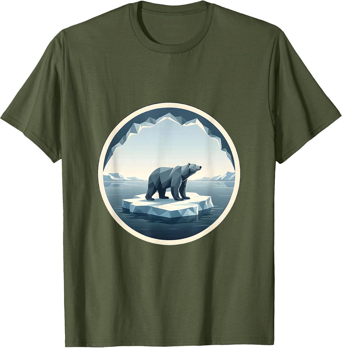 Polar Bear Drifting on Ice Floe Illustration T-Shirt - Olive Green