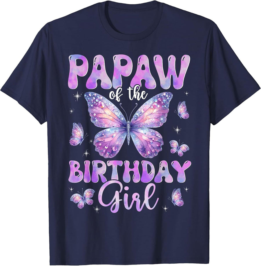 Papaw of The Birthday Girl Butterfly Family Matching T-Shirt - Navy Blue