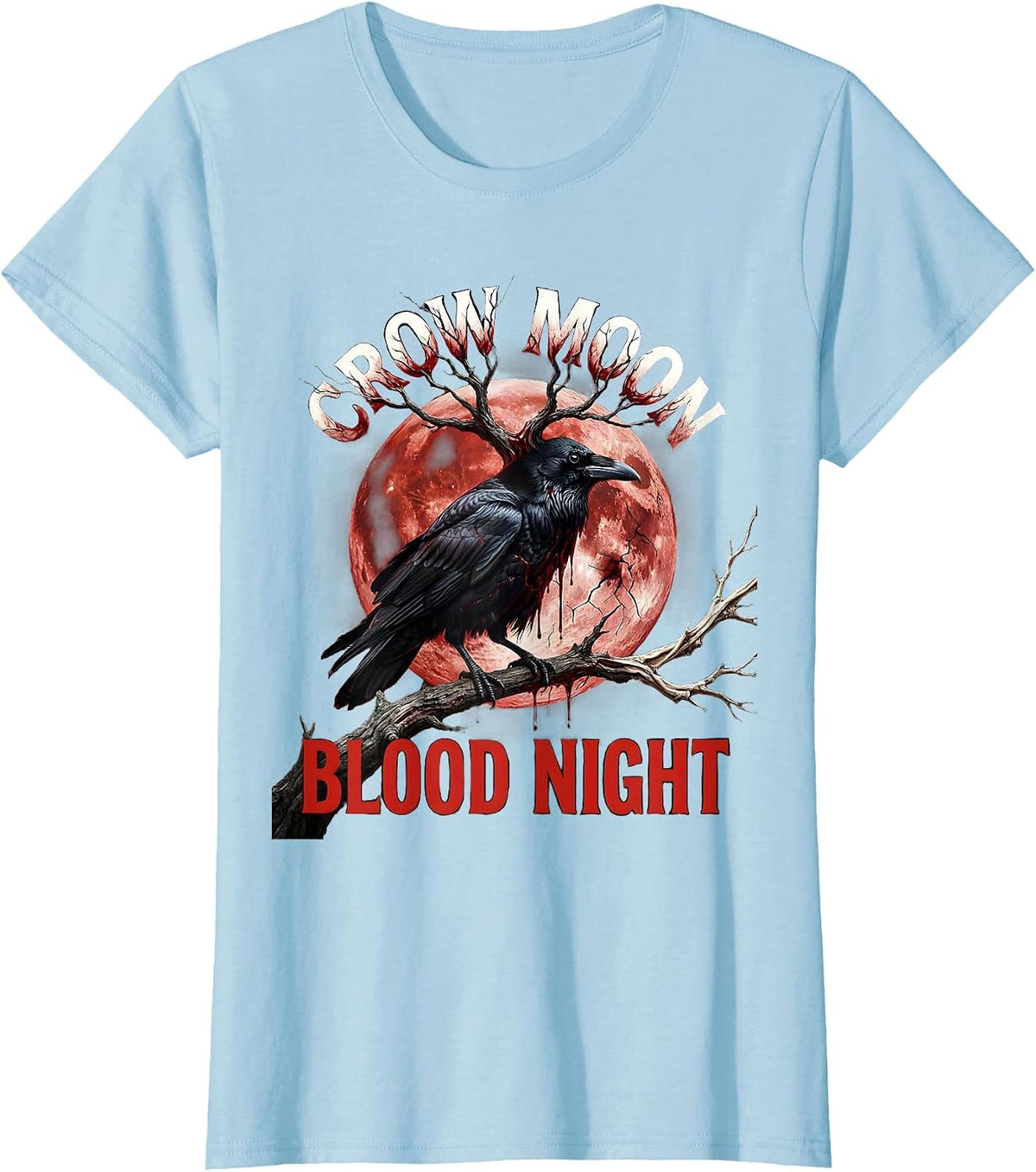 Crow Moon Blood Night Gothic Halloween Design T-Shirt - Baby Blue