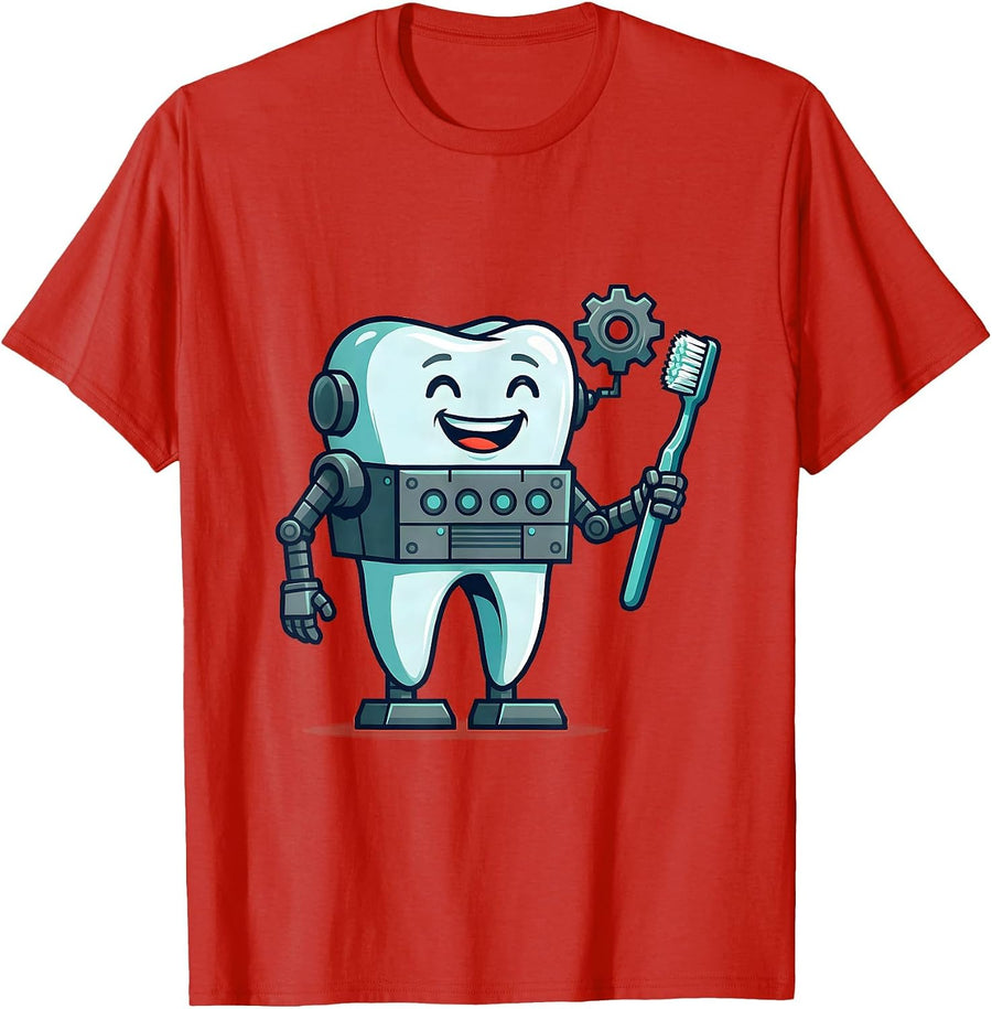 Men's Smiling Tooth Robot Halloween Dentist Dental Humor T-Shirt - Red