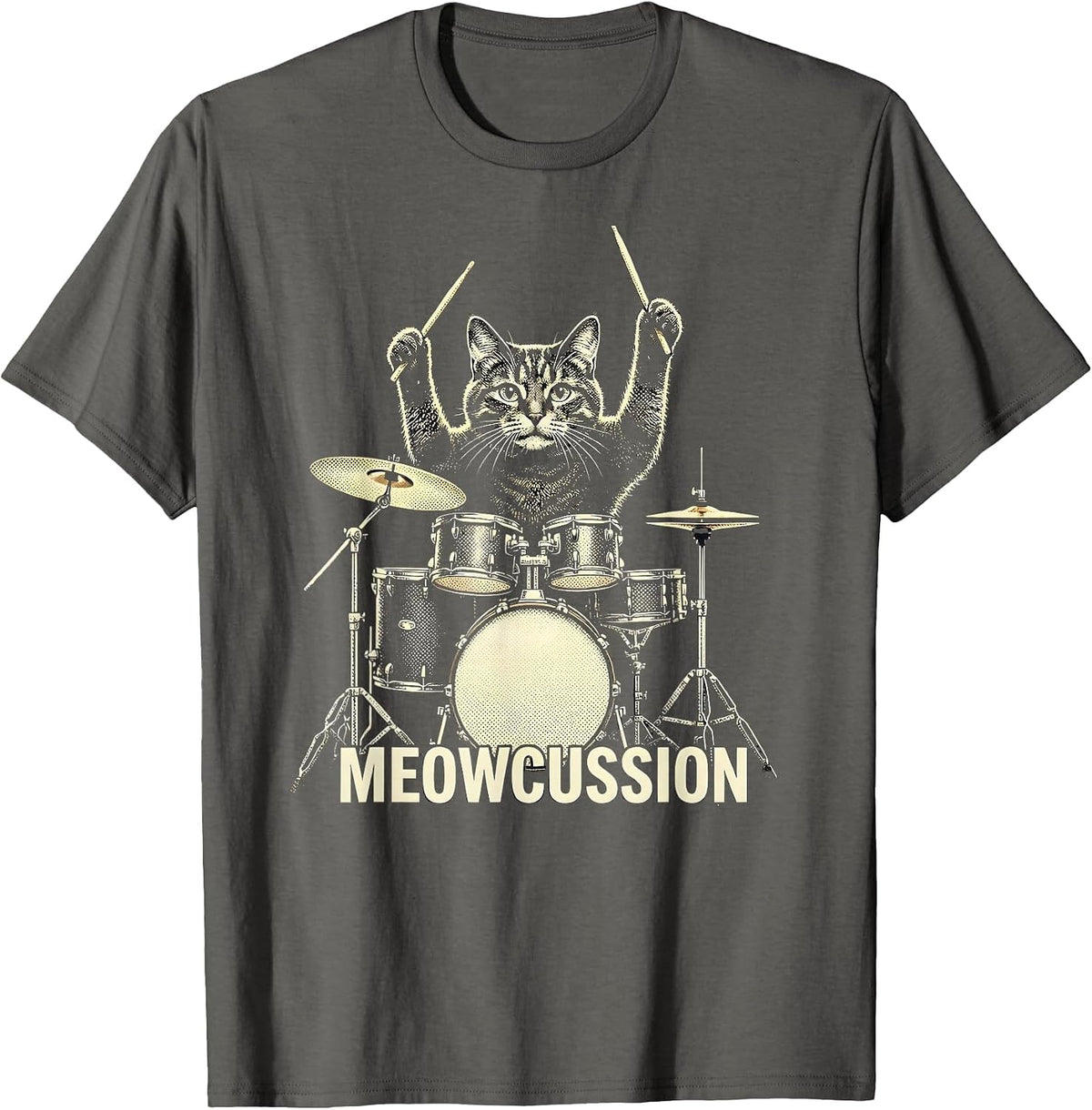 Meowcussion Cat Drummer Rock Humor Pet Lover Gift T-Shirt - Asphalt Grey