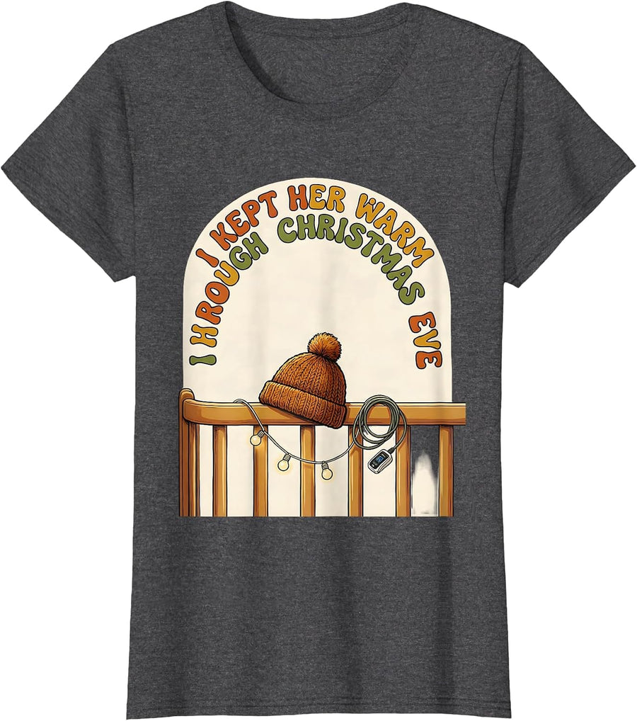 Women's I Kept Her Warm Through Christmas Eve Funny Nurse Christmas T-Shirt - Dark Heather Grey