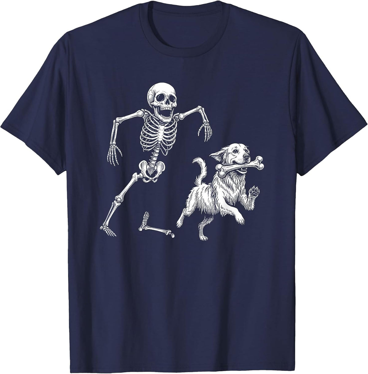 Cute Golden Retriever with Skeleton Bone Halloween Dog Lover T-Shirt - Navy Blue