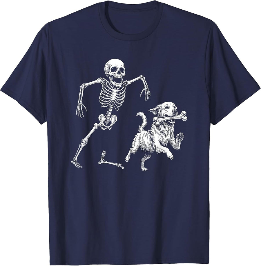 Cute Golden Retriever with Skeleton Bone Halloween Dog Lover T-Shirt - Navy Blue
