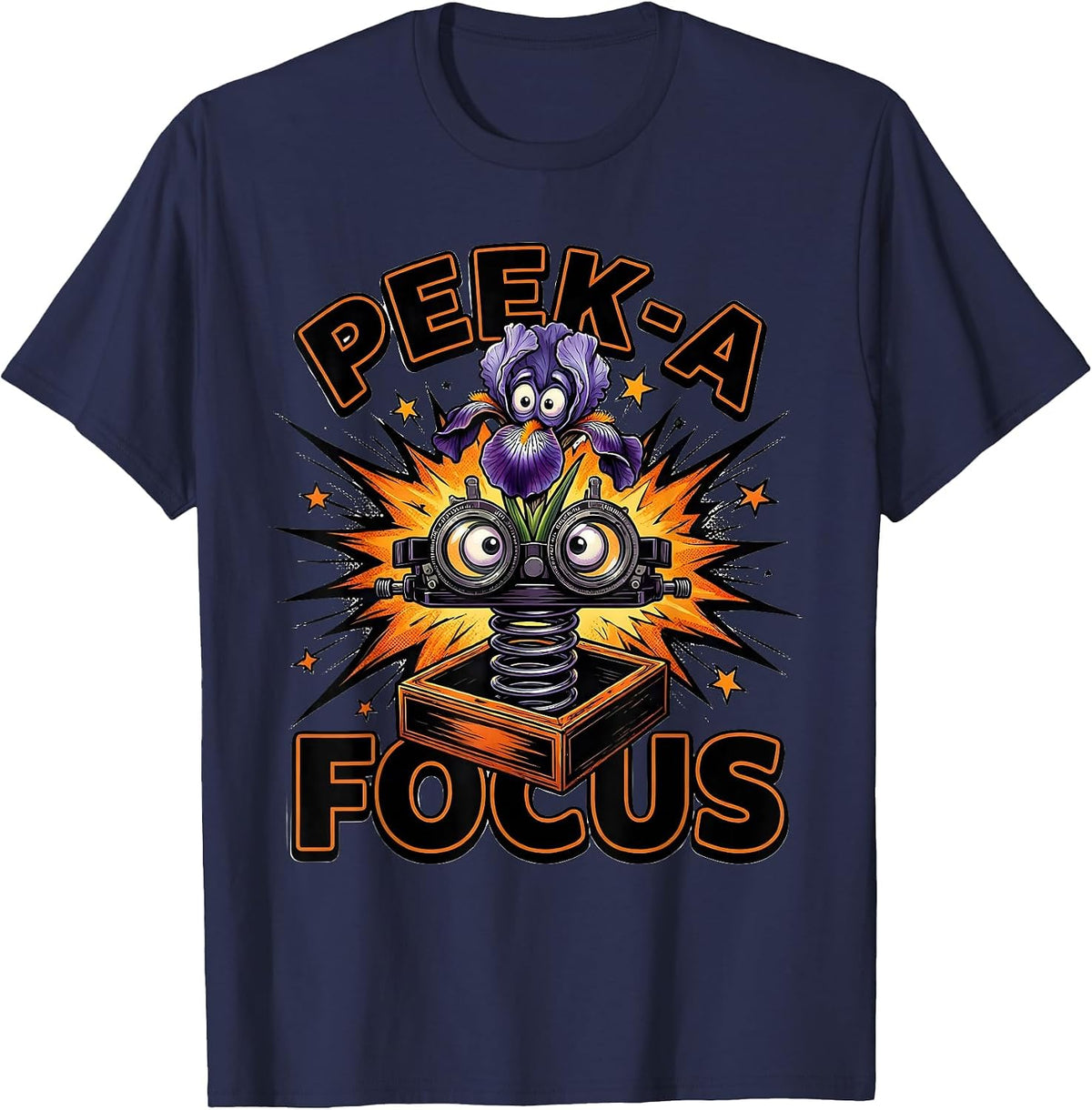 Men's Peek-a-Focus Comic Book Halloween Optometrist Eye Doctor T-Shirt - Navy Blue