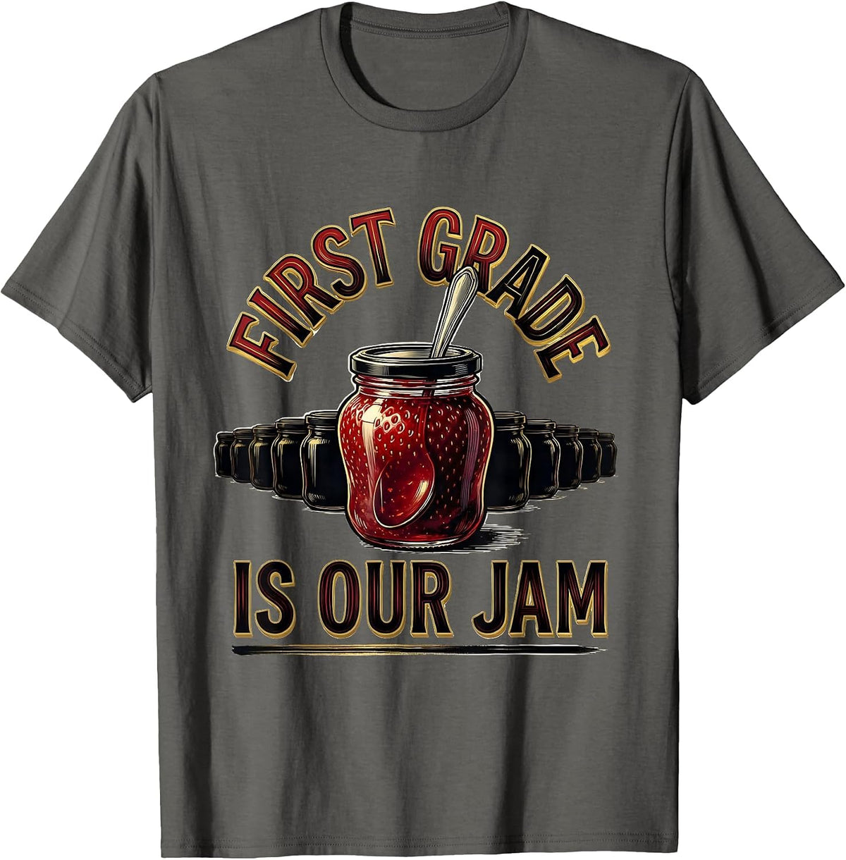 First Grade Is Our Jam Retro Strawberry Teacher Student Back T-Shirt - Asphalt Grey