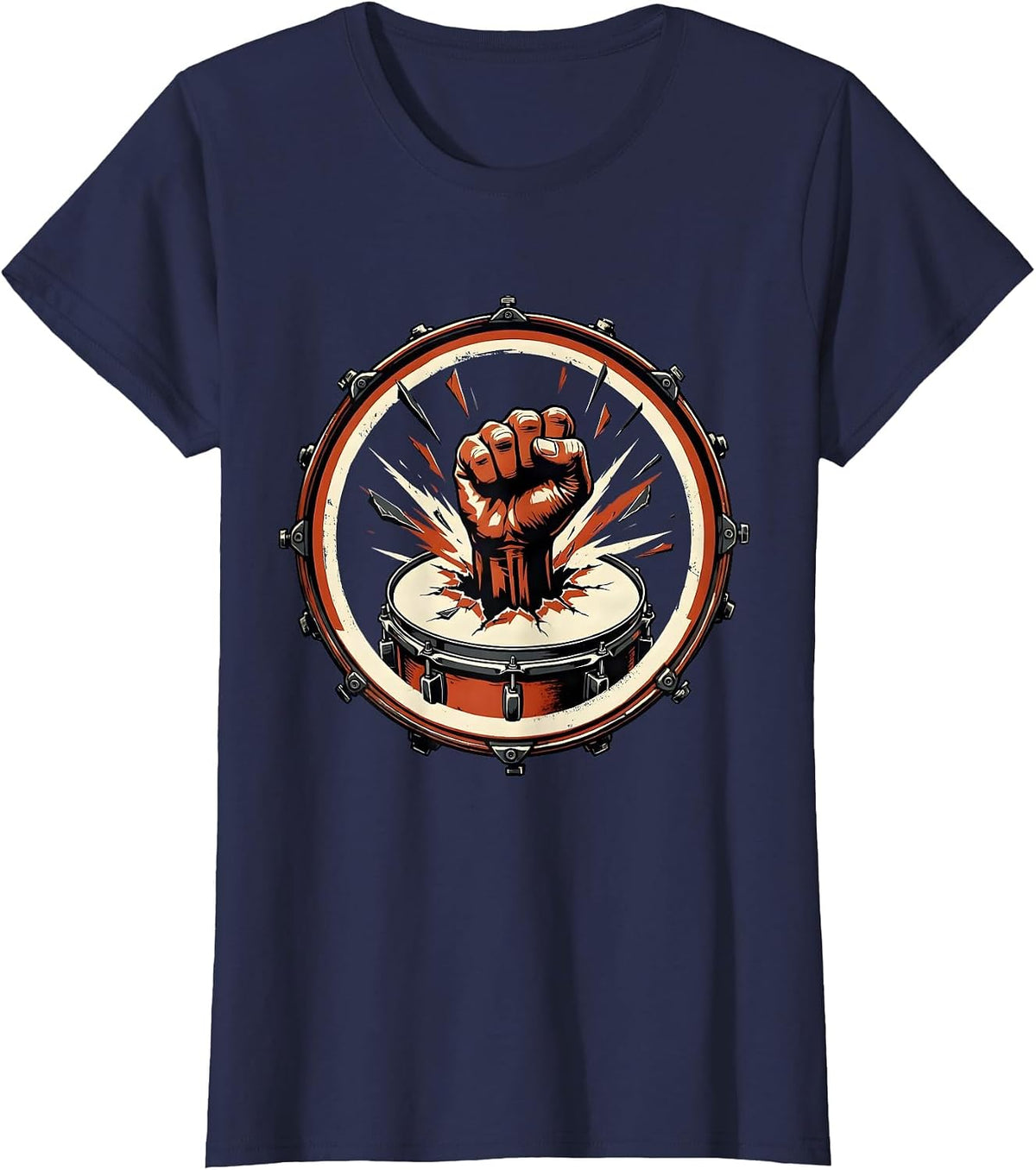 Women's Fist Through Bass Drum Rock Music Graphic T-Shirt - Navy Blue