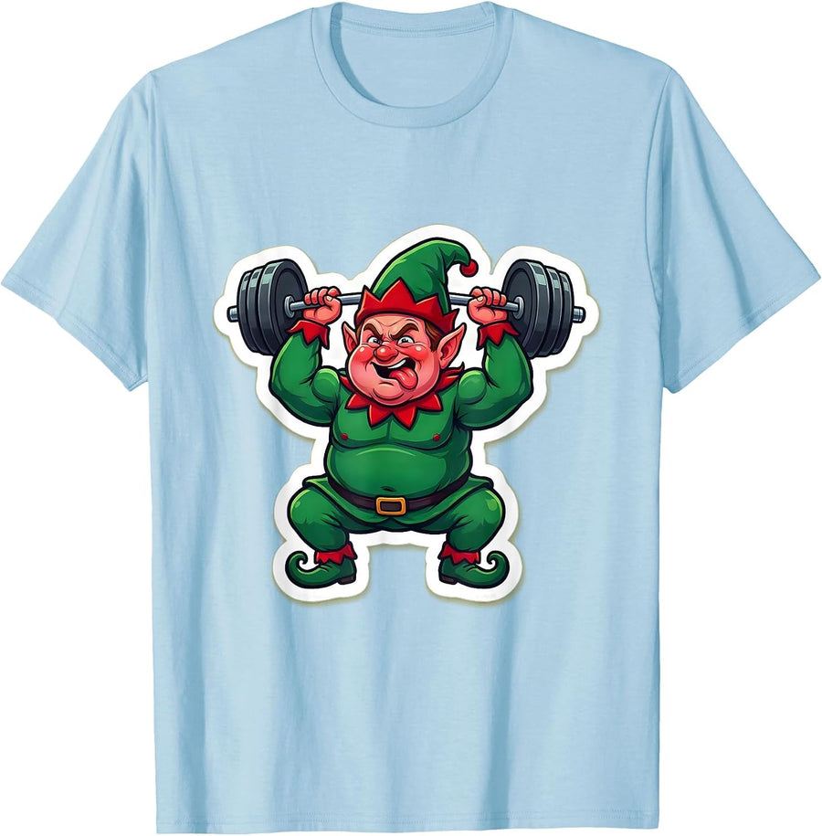 Men's Funny Christmas Elf Weightlifting Gym Holiday T-Shirt - Baby Blue