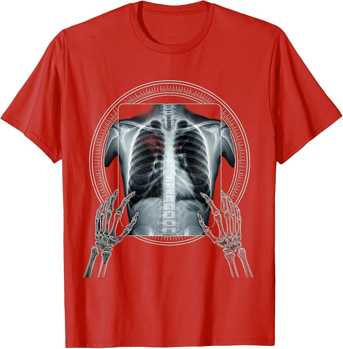 Men's Glowing Chest X-Ray Skeleton Hands Radiology T-Shirt - Red
