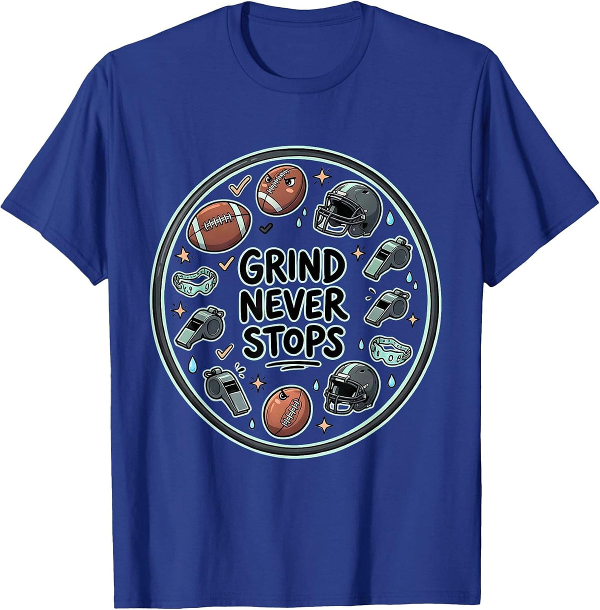 Rugby Grind Never Stops Motivational Design T-Shirt - Royal Blue