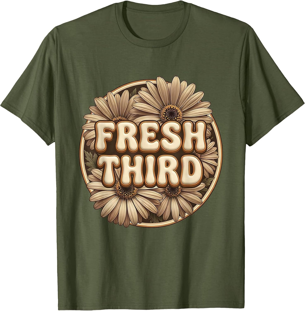 Men's FRESH THIRD Retro Flower Power Third Grade Back To School T-Shirt - Olive Green