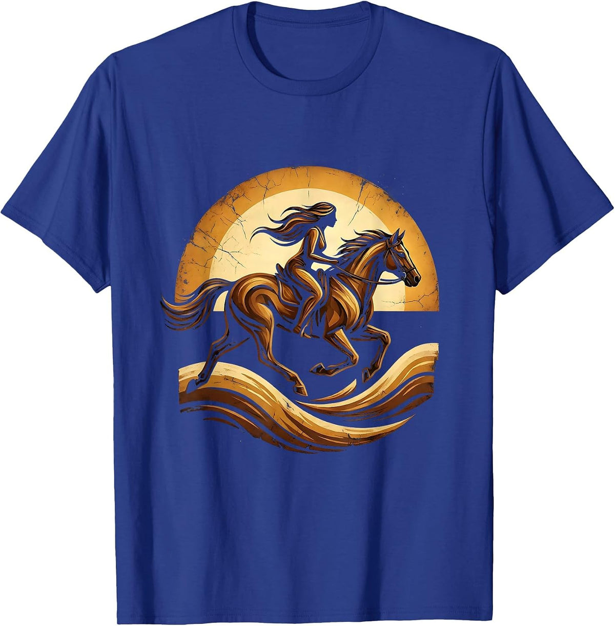Horse and Rider Galloping Through Ocean Waves T-Shirt - Royal Blue