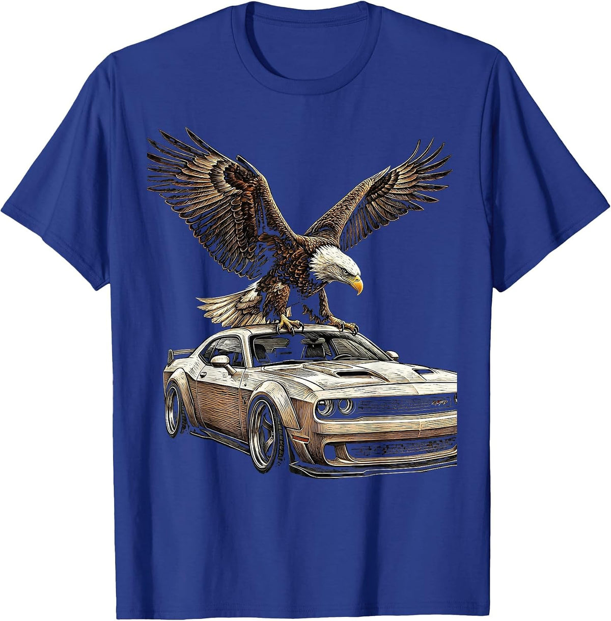 Eagle Perched on Muscle Car Graphic Design T-Shirt - Royal Blue