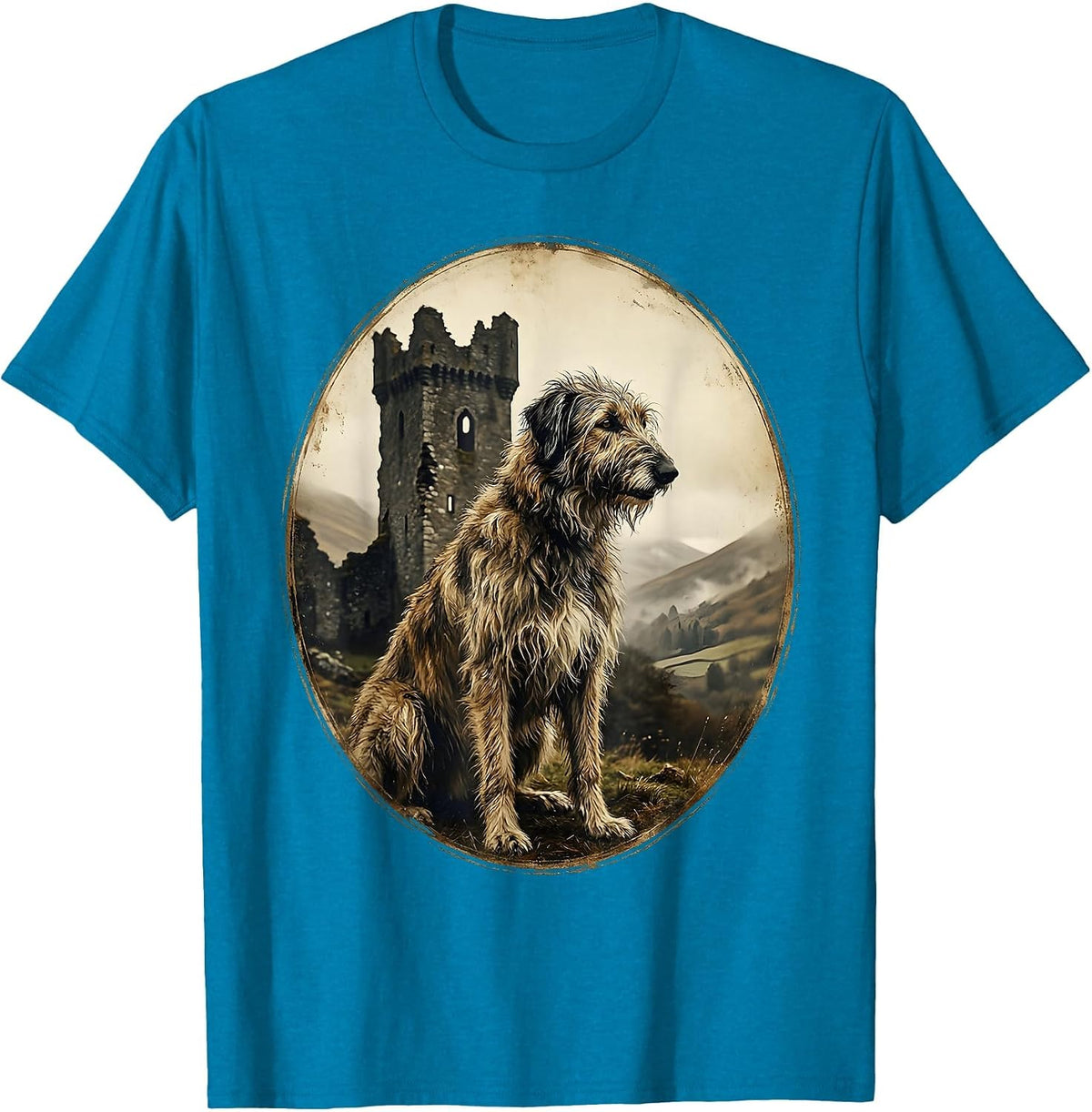 Irish Wolfhound Ruined Castle Ireland Graphic T-Shirt - Sapphire Blue