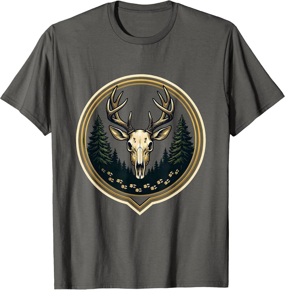Men's Deer Tracks Into Dark Forest Hunting Design T-Shirt - Asphalt Grey
