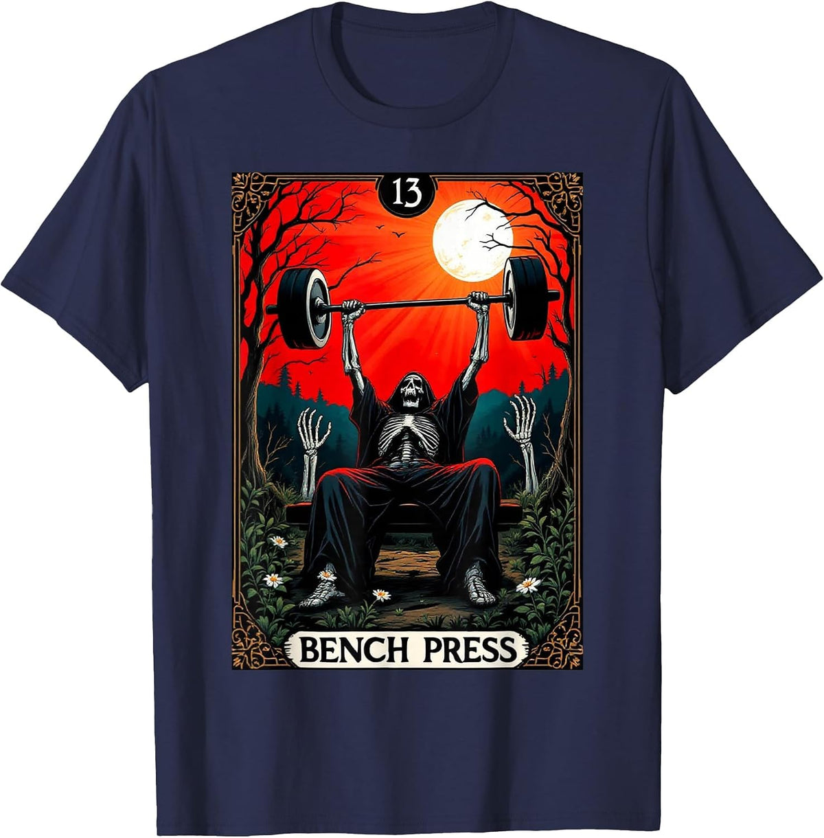 Funny Tarot Card Bench Press Gym Occult Workout Fitness T-Shirt - Navy Blue