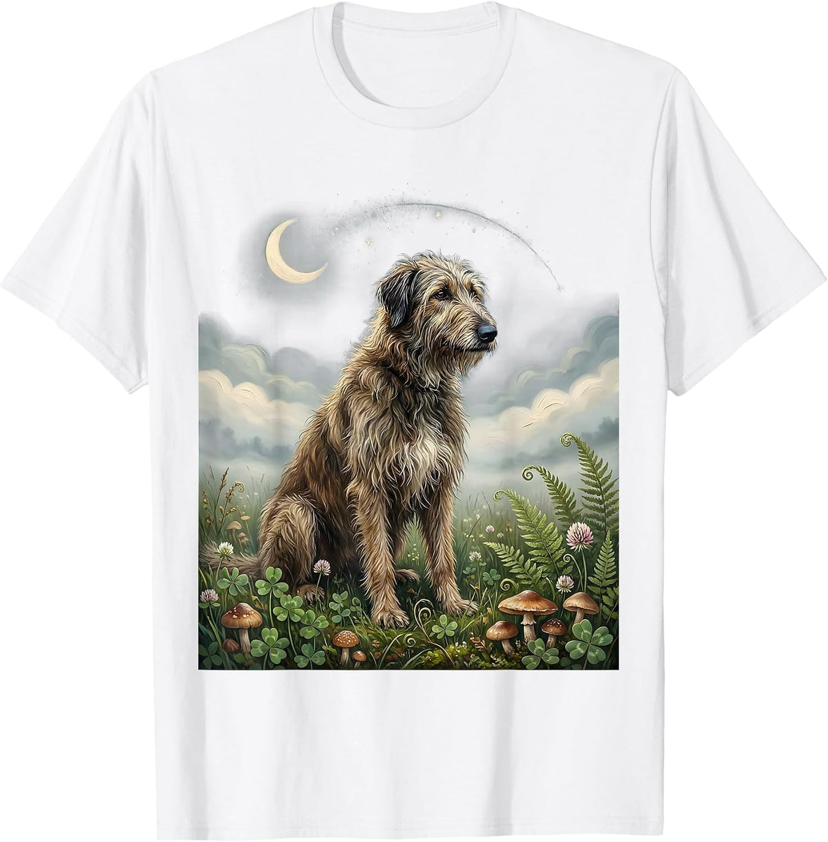 Irish Wolfhound Sitting in Misty Fog Illustration T-Shirt - White