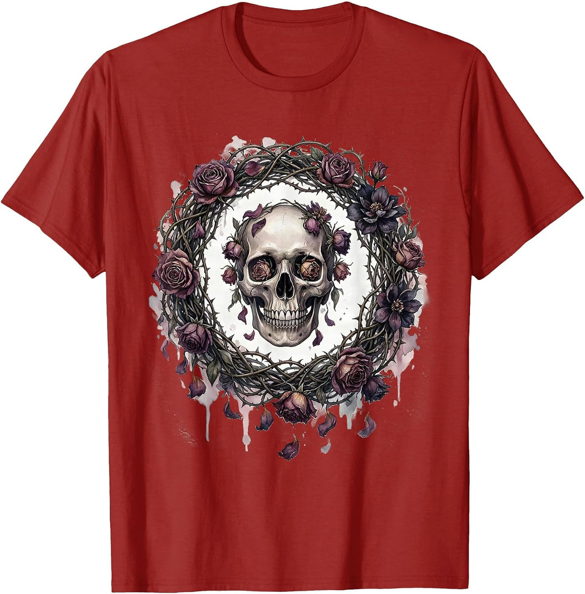 Men's Skull Wilting Black Flowers Dark Floral Crown T-Shirt - Cranberry Red