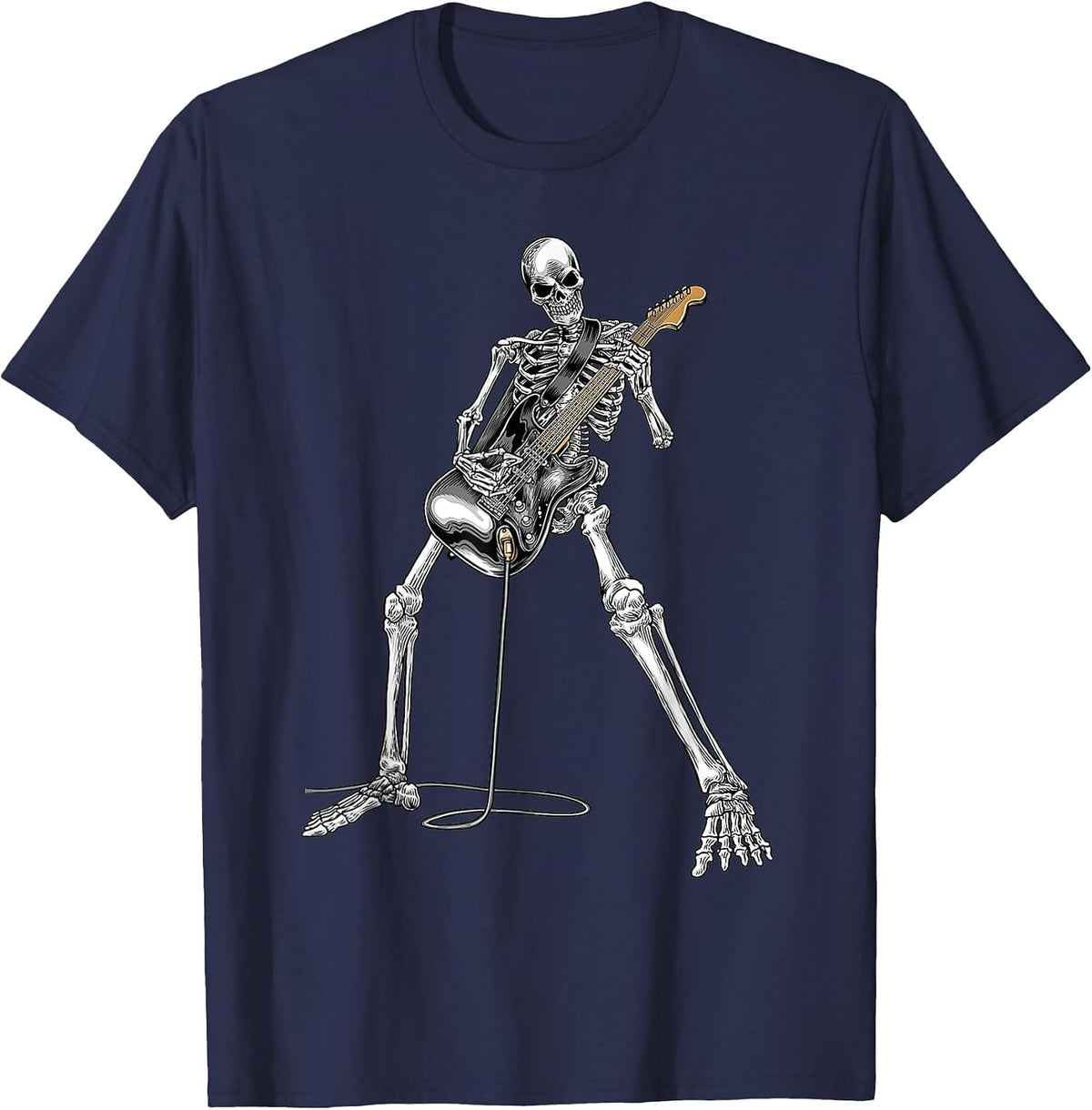Halloween Skeleton Playing Guitar Rock and Roll Band Tees T-Shirt - Navy Blue