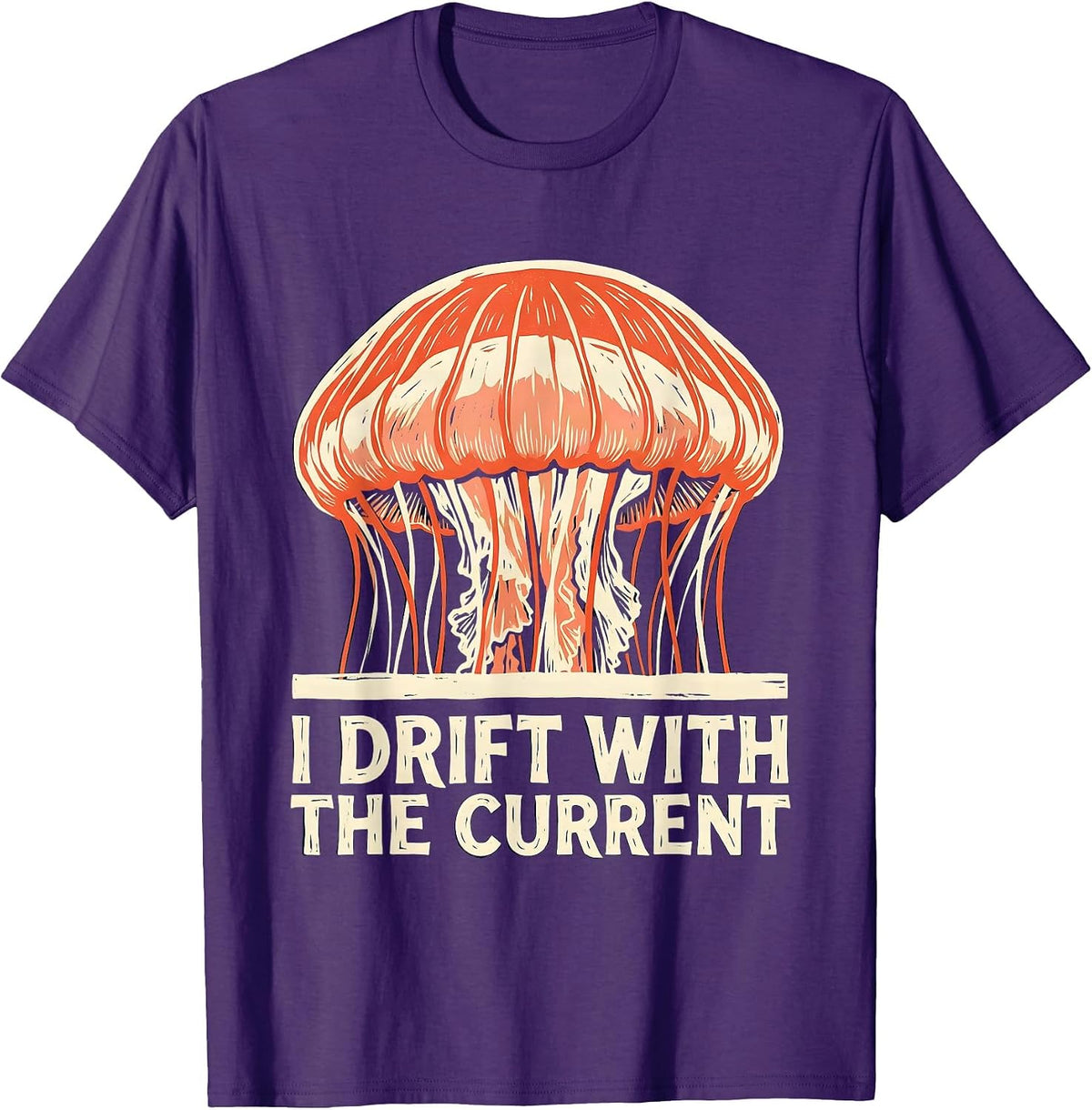 I Drift With The Current Linocut Jellyfish Ocean Lover T-Shirt - Purple