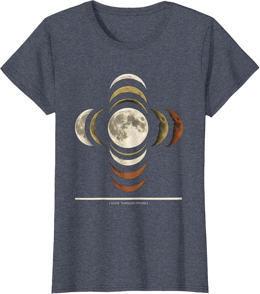 Women's I Move Through Phases Screenprint Lunar Phases Astrology T-Shirt - Heather Blue