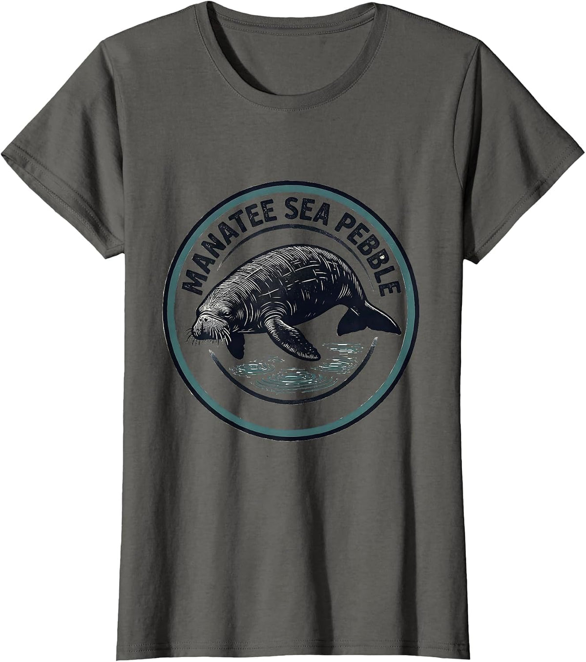 Women's Manatee Sea Pebble Linocut Sea Animal Lover Humor T-Shirt - Asphalt Grey
