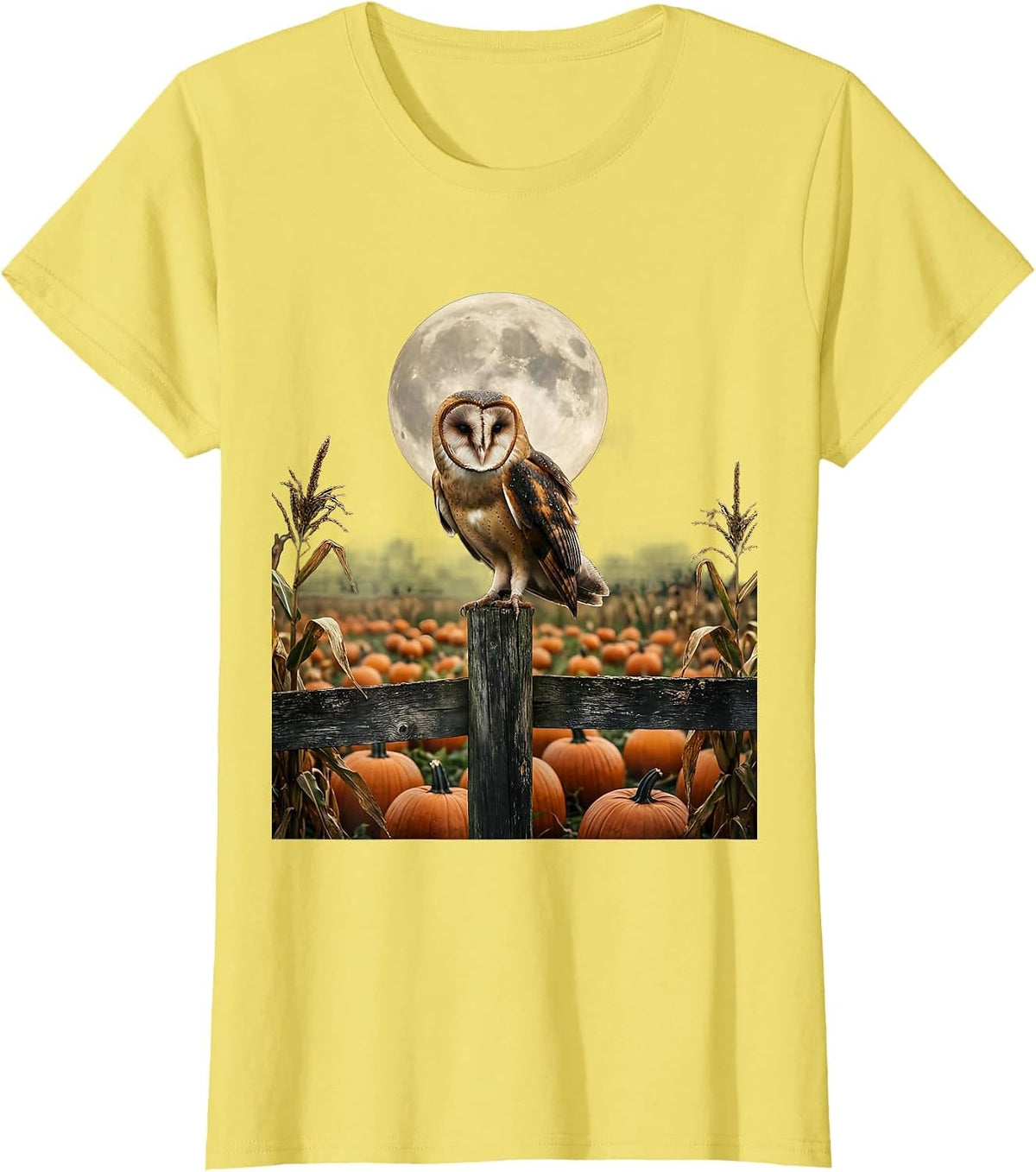 Barn Owl Moonlit Pumpkin Patch Illustration T-Shirt - Lemon Yellow