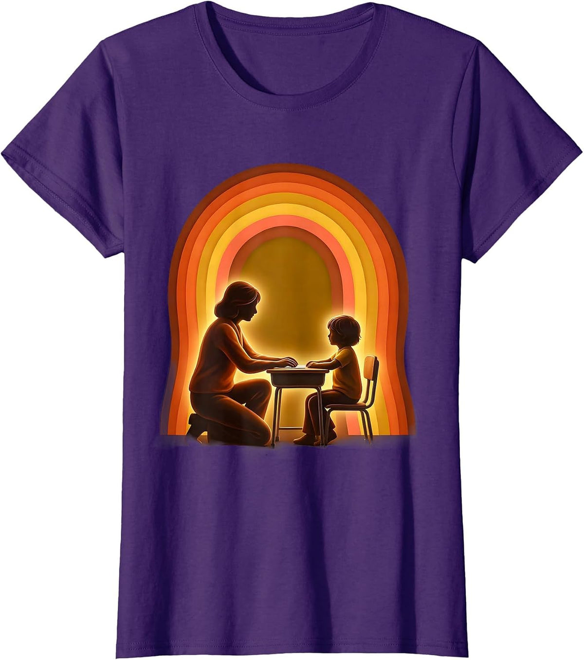 Women's Paraprofessional Aide Kneeling at Student Desk T-Shirt - Purple