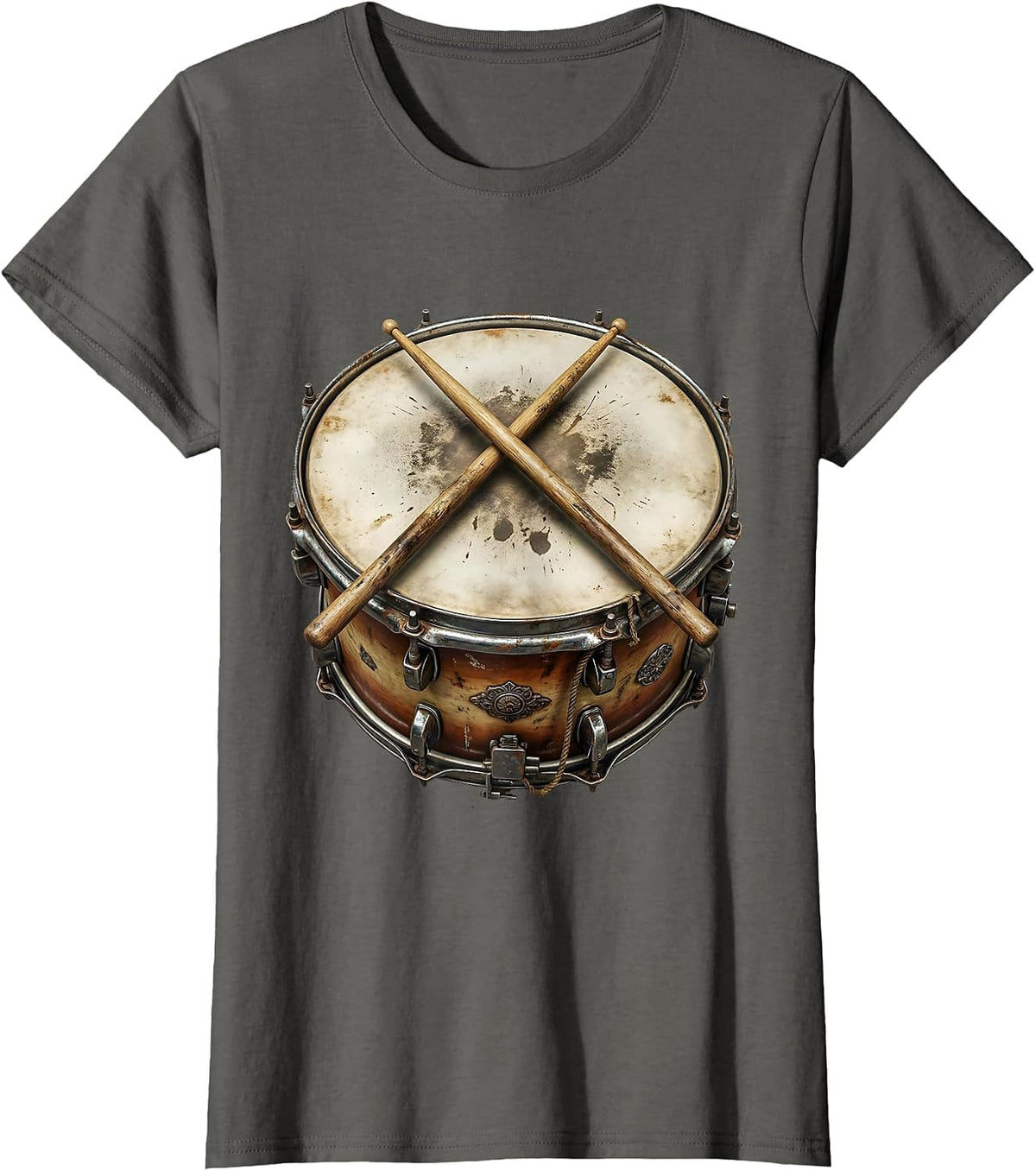 Women's Crossed Drumsticks Snare Drum Percussion Graphic T-Shirt - Asphalt Grey