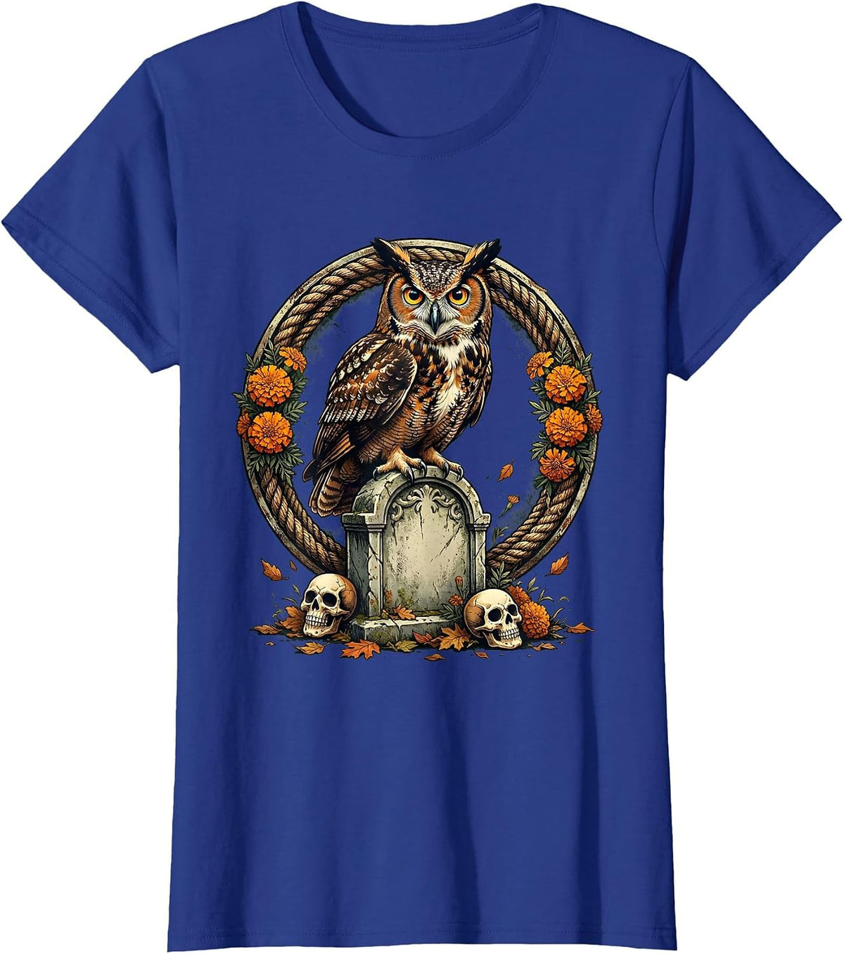 Women's Day of the Dead Owl on Gravestone Night Design T-Shirt - Royal Blue