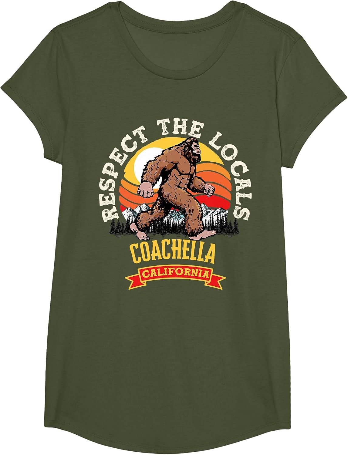 Coachella California Respect The Locals Retro Bigfoot T-Shirt - Girls Olive Green
