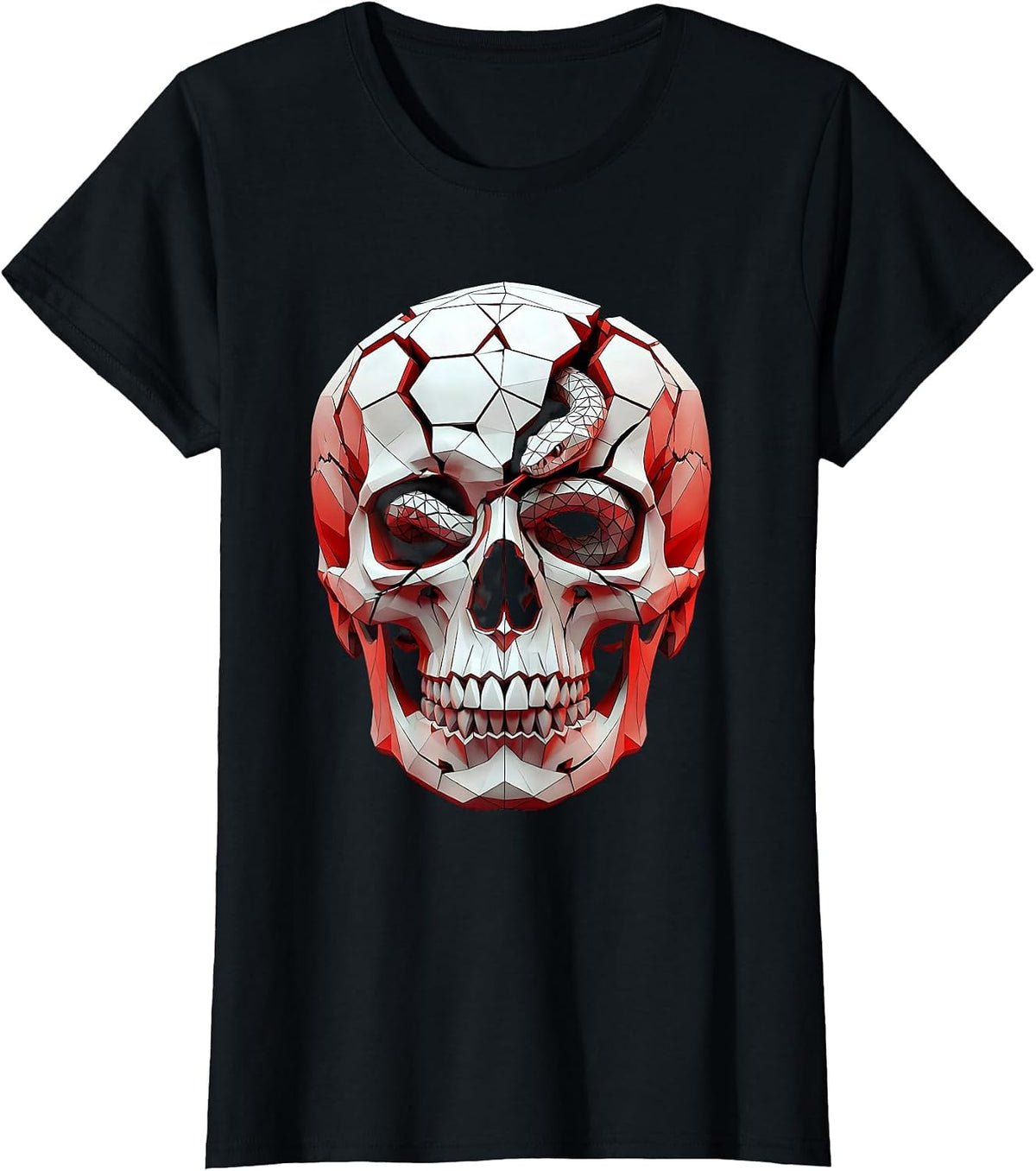 Cracked Skull Snake Coil Dark Gothic Art Design T-Shirt - Black