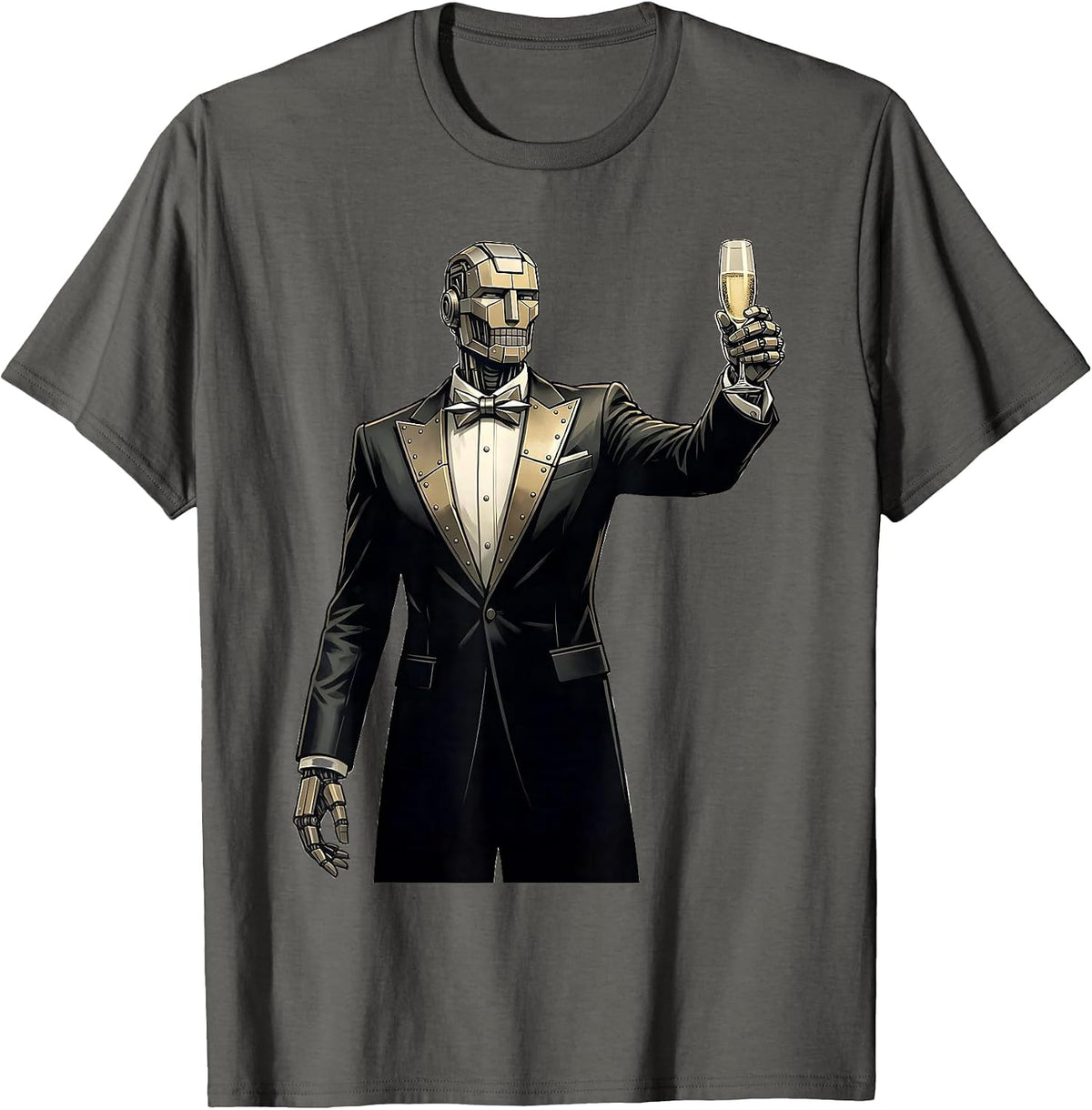 Robot in Tuxedo Champagne Toast Graphic T-Shirt - Asphalt Grey