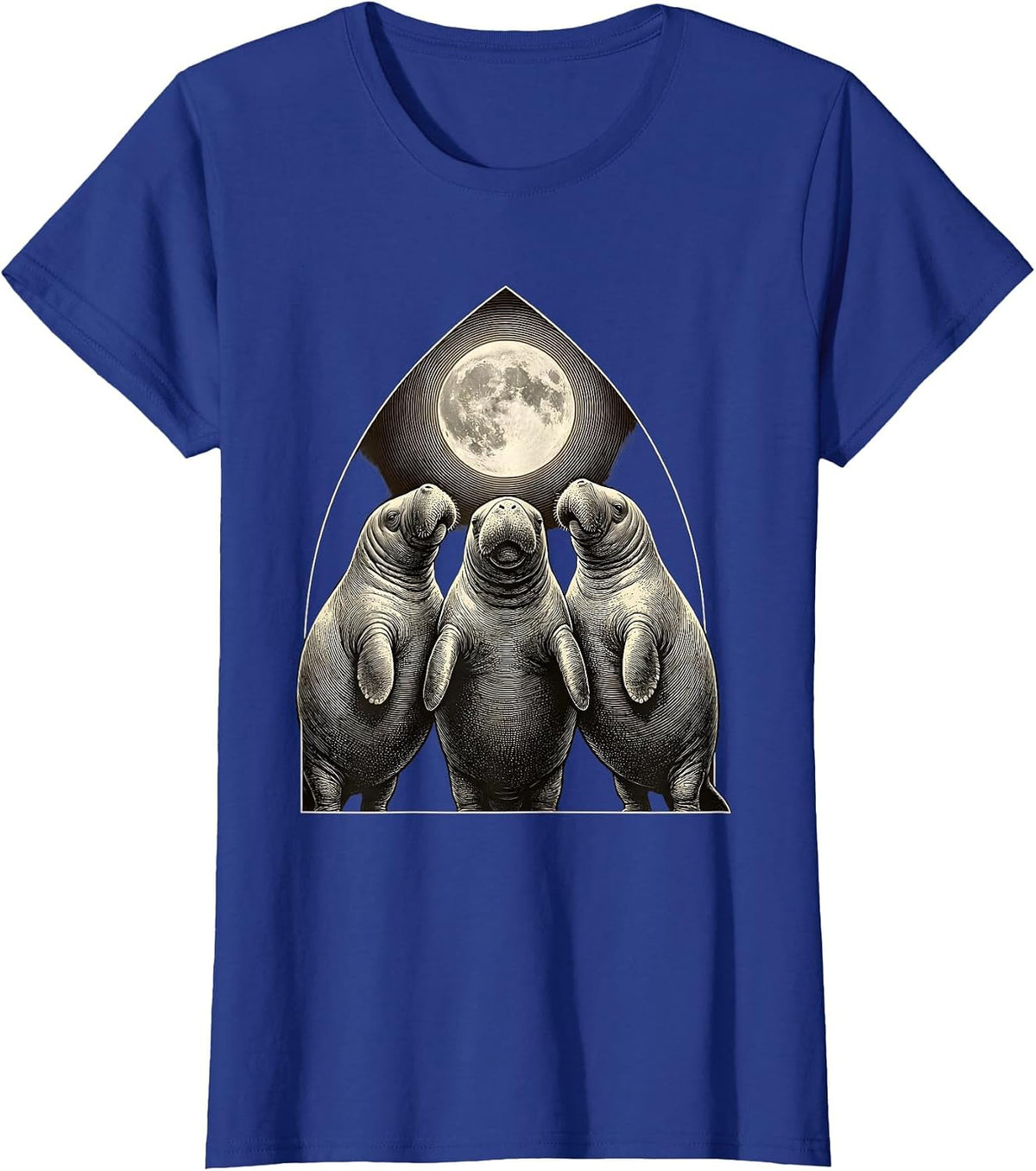 Women's Three Manatees Moon Crosshatch Etching Absurdist Meme T-Shirt - Royal Blue