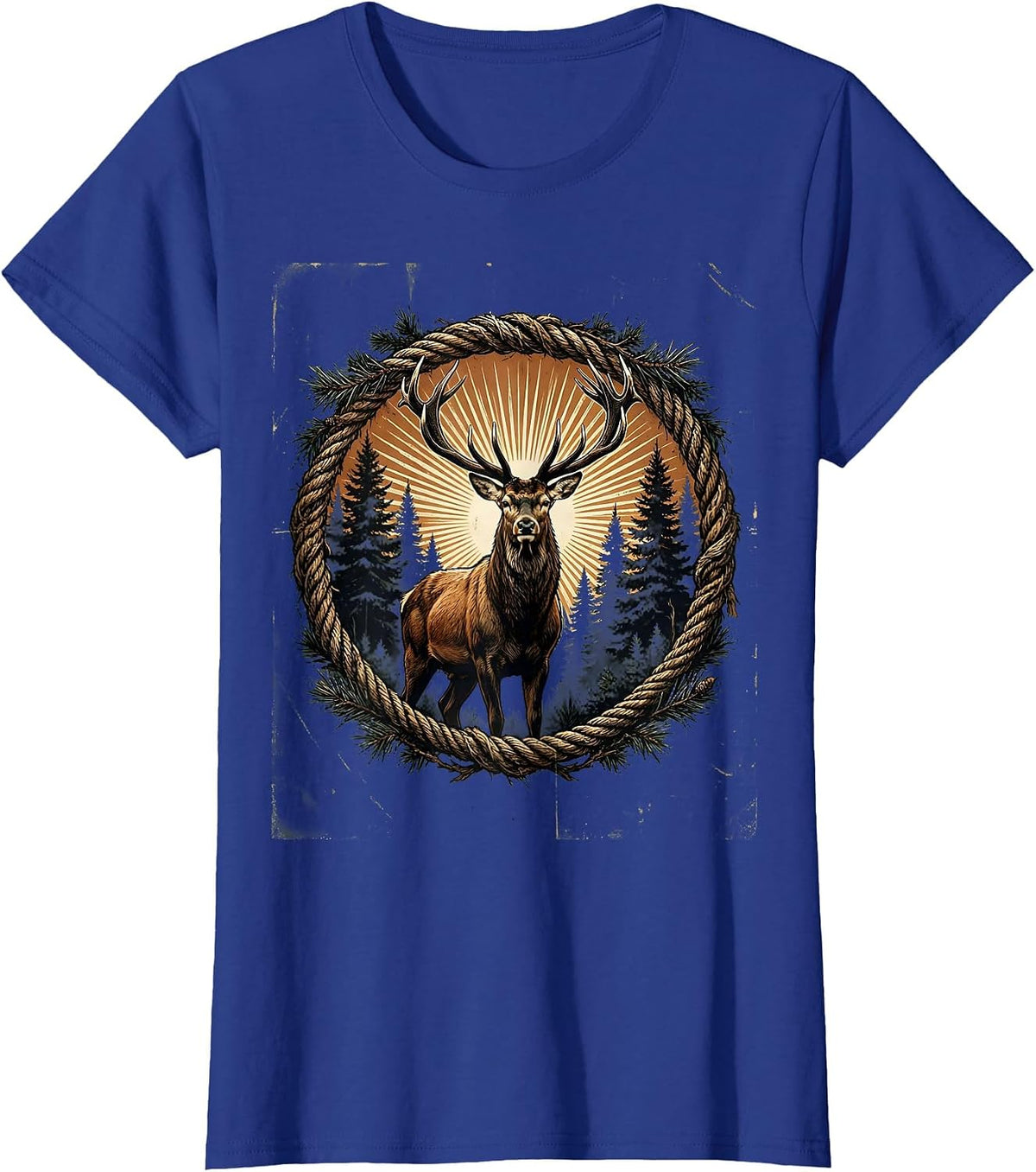 Women's Buck in Misty Forest Clearing Hunting Graphic T-Shirt - Royal Blue