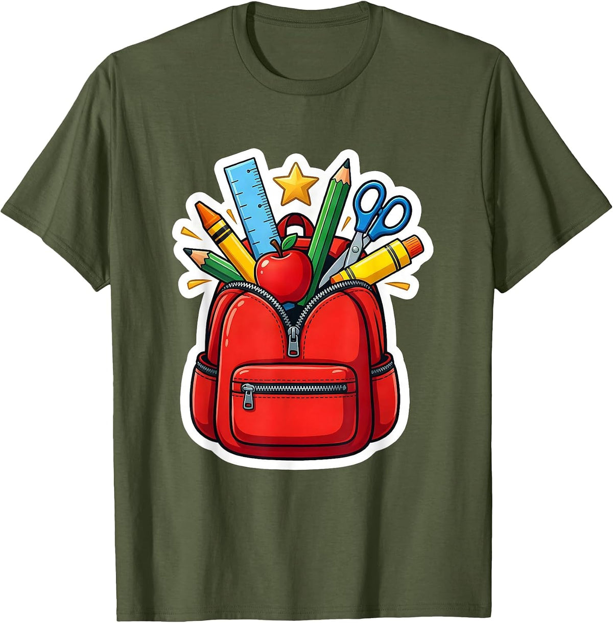 Men's First Grade Teacher Overstuffed Backpack Graphic T-Shirt - Olive Green