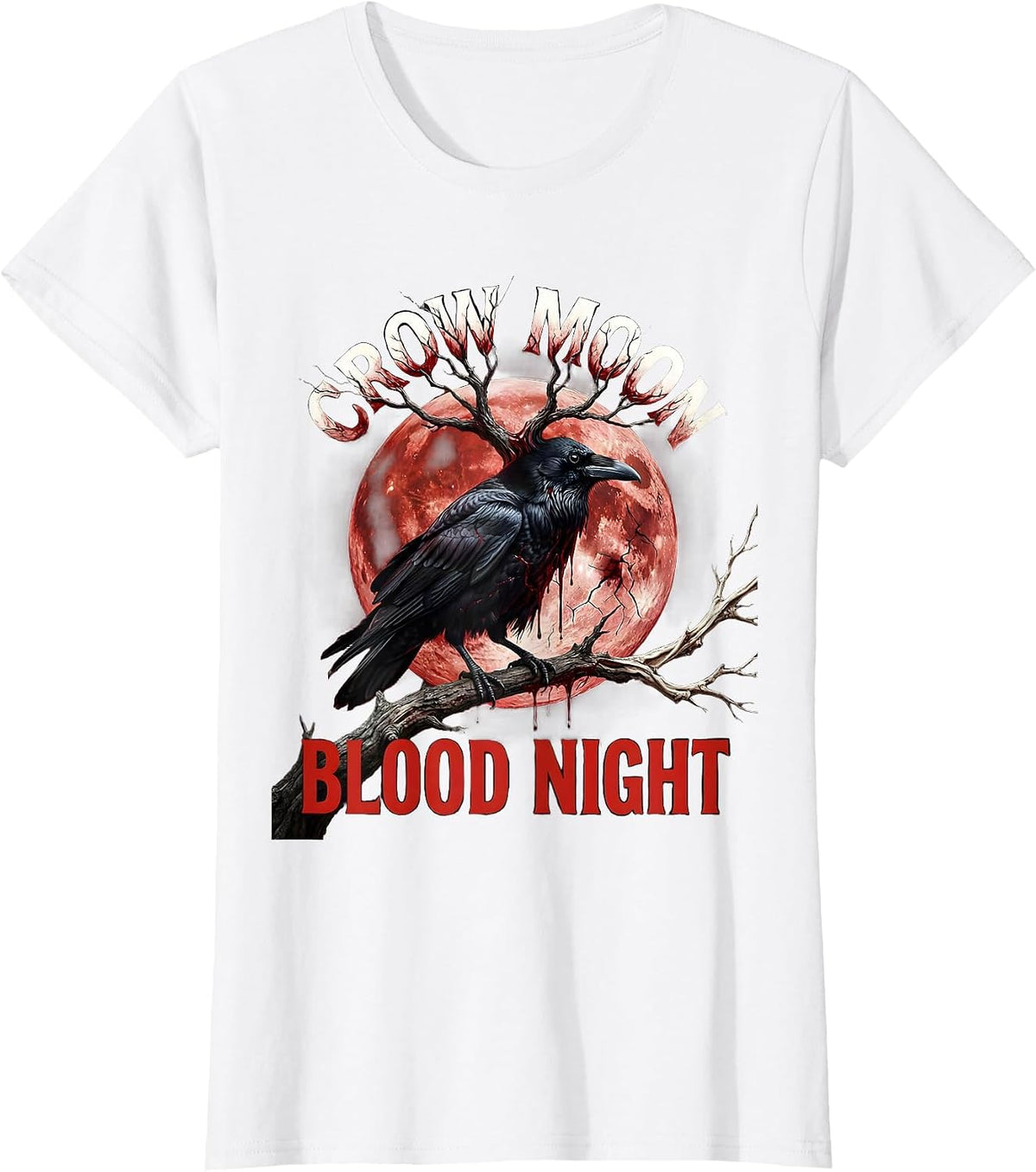 Crow Moon Blood Night Gothic Halloween Design T-Shirt - White