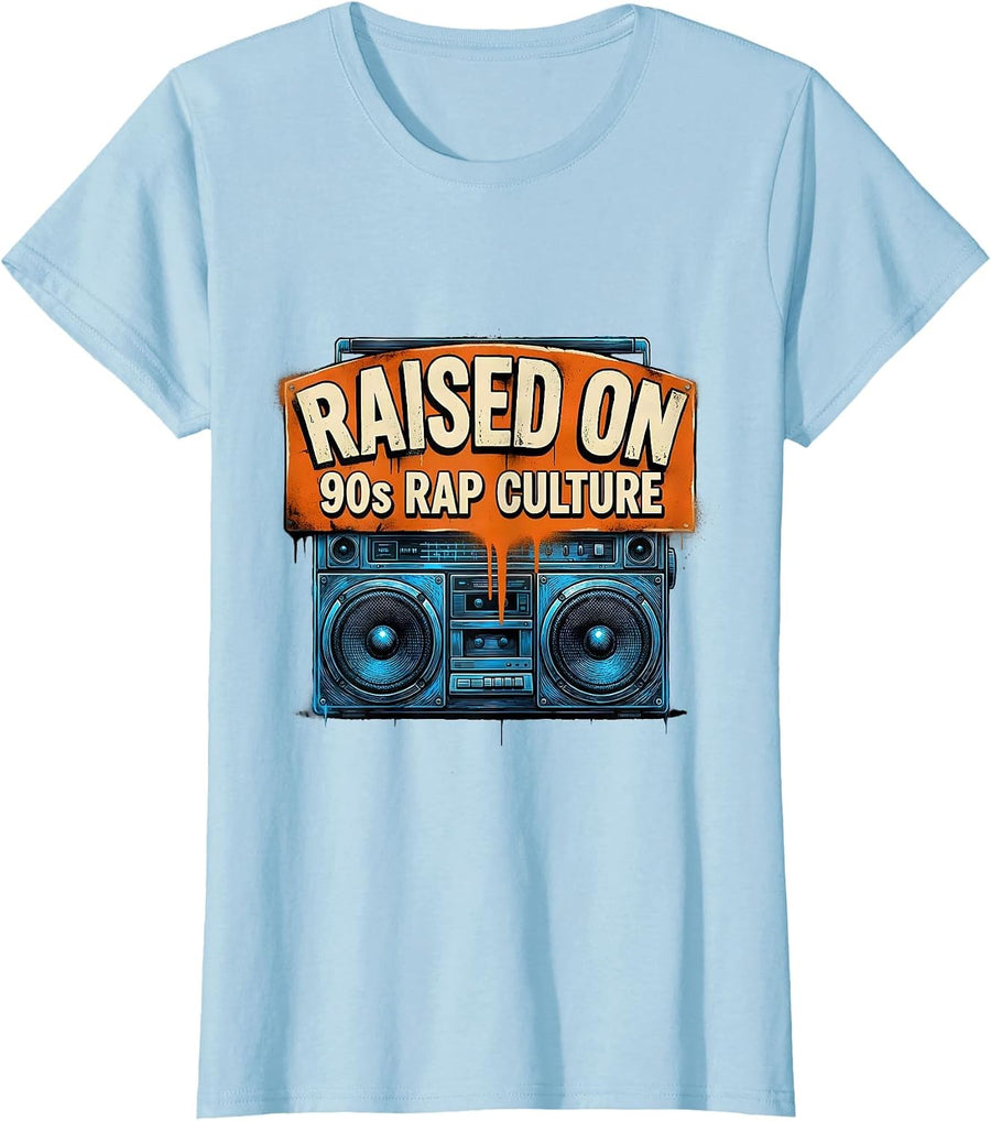 Women's Raised On 90s Rap Culture Graffiti Old School Hip Hop T-Shirt - Baby Blue